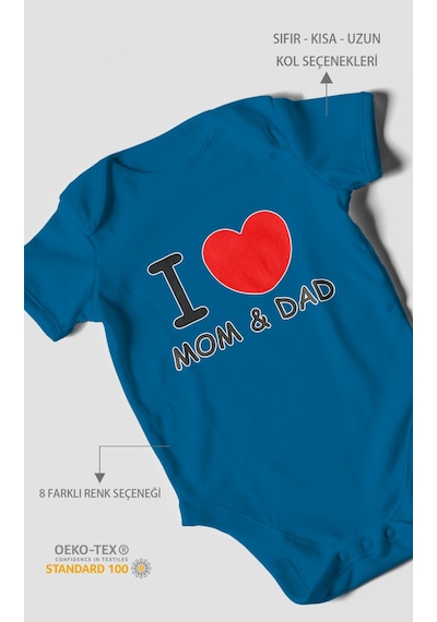 I Love Mom And Dad Baskılı Bebek Zıbını Çıtçıtlı Body %100 Pamuk Kısa Kol Koyu Mavi