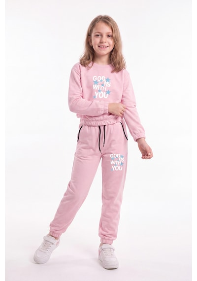 Fyk Kids 2'li Kız Çocuk Bisiklet Yaka Kısa Kesim Baskılı Çift Cepli 4 Parça Eşofman Takımı Haki-pembe