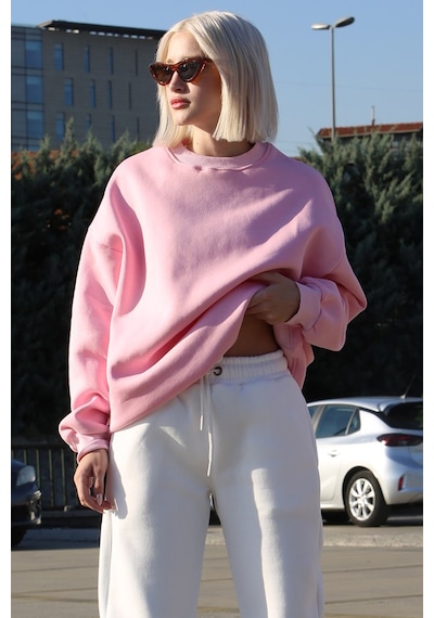 Madmext Madmext MG1559 Bisiklet Yaka Basic Kadın Sweatshirt - Pembe