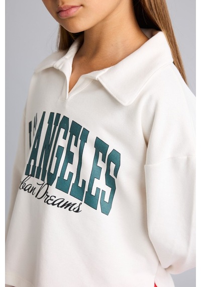 Defacto Relax Fıt Polo Yaka Kolej Baskılı Sweatshirt Kumaşı Sweatshirt Kız Çocuk I4899a826auwt34 Beyaz-wt34