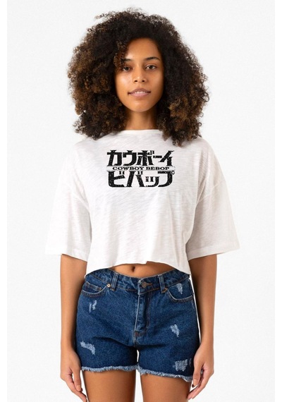 Cowboy Bebop Retro Letter Logo Beyaz Kırçıllı Kadın Crop Tshirt Beyaz