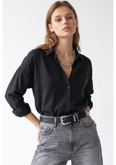 Mixray 4963 Kadın Tencel Kumaş Oversize Cepli Uzun Kollu Gömlek Siyah