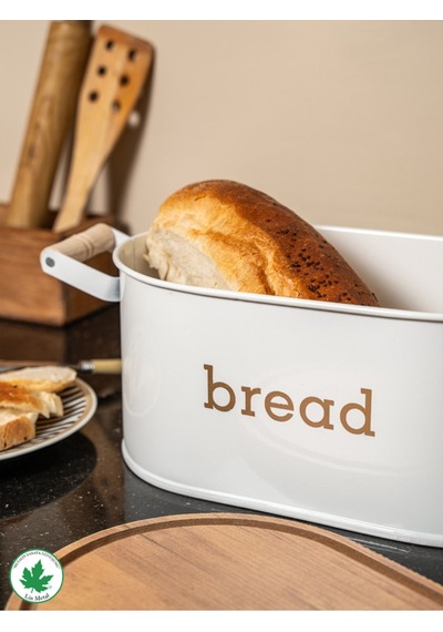 Ahşap Kapaklı Ahşap Kulplu Metal Ekmeklik Bread Baskılı - Beyaz Beyaz