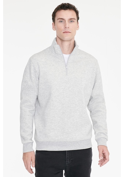 Ac&Co / Altınyıldız Classics Erkek Grı Melanj Standart Fit Normal Kesim İçi Polarlı Bato Yaka Pamuklu Sweatshirt Gri Melanj