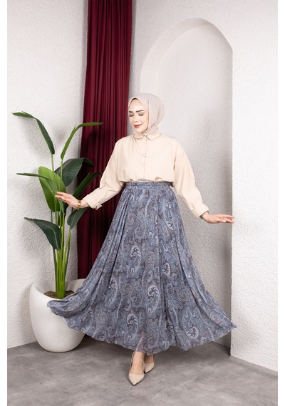 Hira Life Fashion Asimetrik Kesim Etnik Desen Astarlı Tül Tesettür Etek Gri Gri