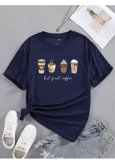 Flood Of Style Kadın Lacivert Coffee Baskılı Oversize