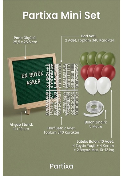Asker Uğurlama Süsleme Mini Set Koyu Yeşil Keçe Yazı Panosu Standlı Balon Zincirli En Büyük Asker Konsepti Tüm Yaşlar