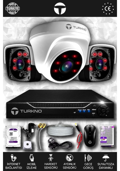 Turkno 3 Kameralı Pania 1 İç Kamera Set 2 TB HDD Full HD Gece Görüşlü Güvenlik Kamerası Sistemi