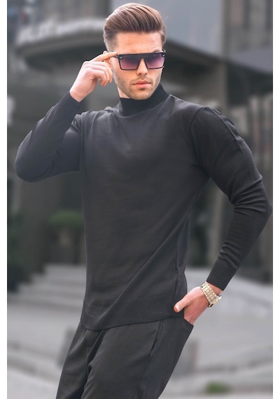 Madmext Siyah Slim Fit Yarım Balıkçı Yaka Erkek Triko Kazak 6343 Siyah