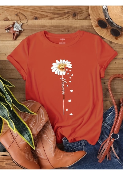 Uyguntarz Unisex Flowers Baskılı Tasarım Tshirt Kırmızı