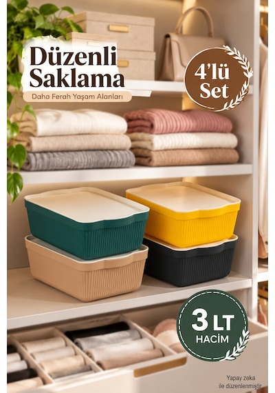 Porsima 4515 Mix Still Box 4'lü Kapaklı Saklama Kabı Seti 3 Litre Çok Amaçlı Renkli Kiler, Buzdolabı Ve Dolap İçi Organizer Kutusu Çok Renkli