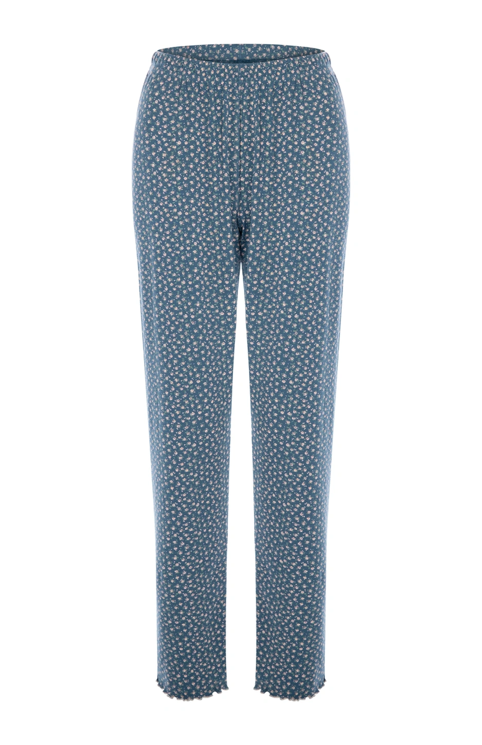 Kadın Pamuklu Çıtır Çiçek Desenli Baby Overloklu Fiyonk Detaylı Uzun Kollu Pijama Takımı Hko70142 Mavi - Pudra