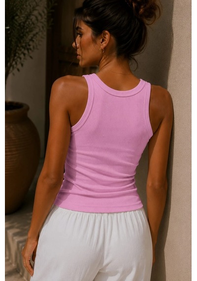 Bb Butik Basic Soft Cotton Fitilli Pamuk Basic Atlet Vücuda Oturan Kalıp Md3571 Pembe