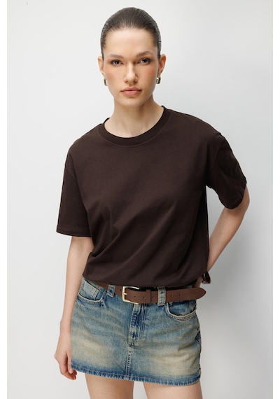 Mixray 4851 Kadın Oversize Fit Bisiklet Yaka Basic T-shirt Kahve Kahverengi