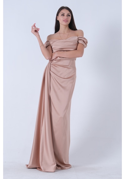 Feminist Bej Drape Detaylı Saten Kumaş Abiye Elbise 9704858.55