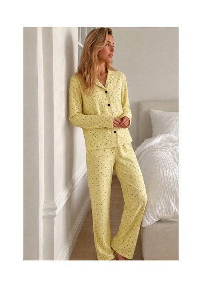 Fit Women Kadın Puantiyeli Uzun Kollu Düğmeli Sarı Pijama Takımı
