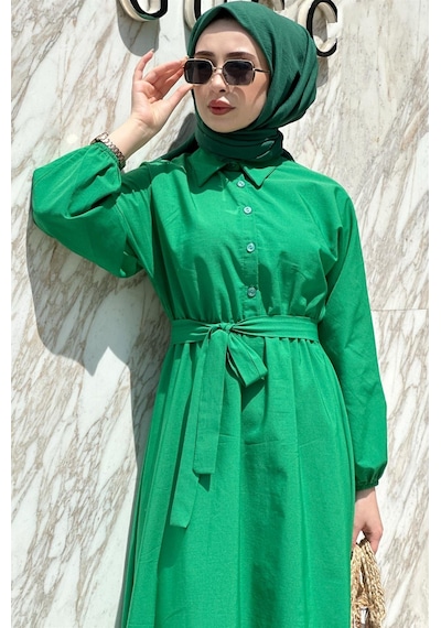 Sevitli Yakalı Mevlana Kadın Elbise Benetton Yeşili 2266 Yeşil