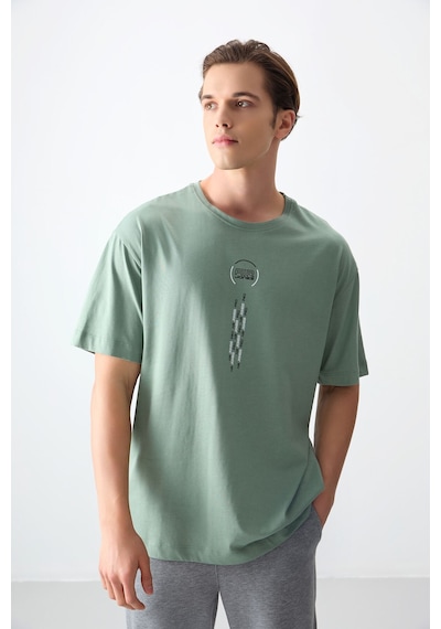 Air Jones Tommy Life Açık Yeşil %100 Pamuk Kalın Yumuşak Dokulu Oversize Fit Baskılı Erkek T-shirt - 88355 CAMEL