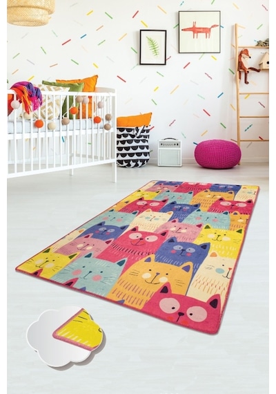 Cats Renkli Djt 80X300 Cm Çocuk Ve Bebek Halıları,Yıkanabilir