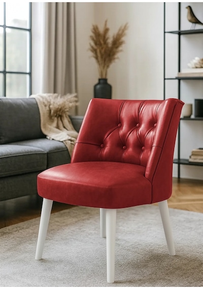 Waterybrook Berjer Sandalye - Kapitoneli Suni Deri - Beyaz Ahşap Ayaklı - Retro Modern Tasarım Kırmızı