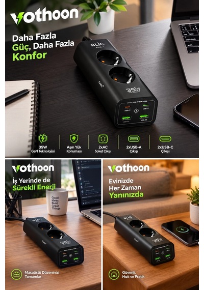 Akım Korumalı Priz 2 Ac Soket 2 Usb-a 2 Usb-c 35w Hızlı Şarj 1050j Koruma 2 Mt Kablo 2200w 1
