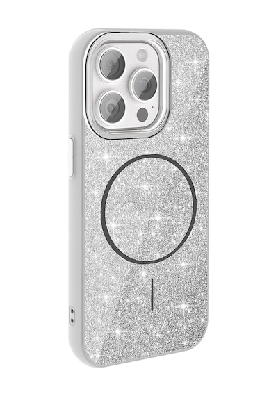 Zore İphone 15 Pro Kılıf Magsafe Şarj Özellikli Parlayan Simli Ogaa Okso Kapak - Siyah