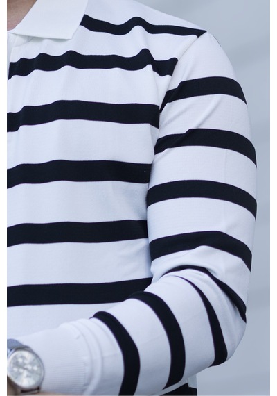 Hk Premium Kazak Fermuarlı Polo Yaka Çizgili Triko Sweatshirt Beyaz