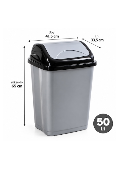 Porsima 1407 50 Lt Vittoria Sallanır Döner Kapaklı Mutfak Ve Banyo Çöp Kovası Gri / Siyah Kapaklı