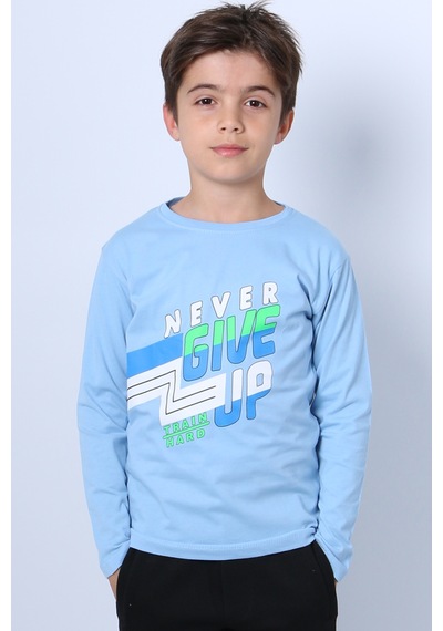 Hçm Erkek Çocuk Uzun Kollu Tshirt Never Give Up Baskılı Bisiklet Yaka D10 Açık Mavi