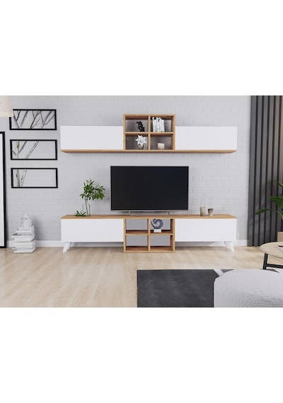 Eyfel 4 Kapaklı Tv Ünitesi, Tv Sehpası Atlantik Çam - Beyaz Beyaz