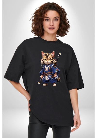 Japon Samuray Kılınç Pamuklu Bisiklet Yaka Unisex Oversize Boyfriend Dijital Baskılı Siyah T-shirt Siyah