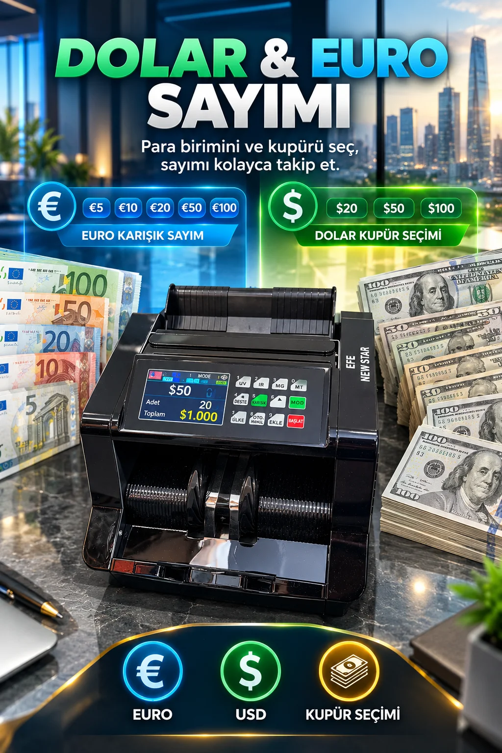 888t Profesyonel Çoklu Para Birimi Banknot Sayma Makinesi 900+ Adet/dk