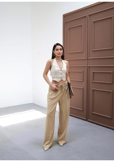 Defymoda Beli Lasti K Ve Bağcikli Geni Ş Paça Pantolon Bej