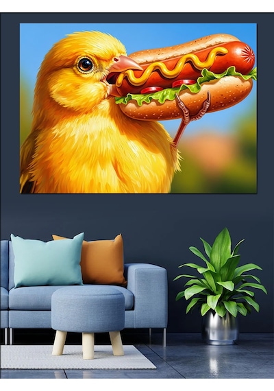 Ahşap Tablo Hot Dog Yiyen Sarı Civciv Figürü