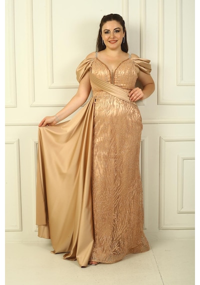 By Saygı Zincir Askılı Ön Arka V Yaka Düşük Kollu Simli Flok Baskılı Astarlı Uzun Balık Elbise-34043 Gold By Saygı Zincir Askılı Ön Arka V Yaka Düşük Kollu Simli Flok Baskılı Astarlı Uzun Balık Elbise-34043 Gold