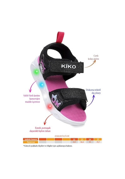 Kiko Kids Kuromi Günlük Işıklı Cırtlı Kız Bebek Sandalet Ayakkabı Siyah