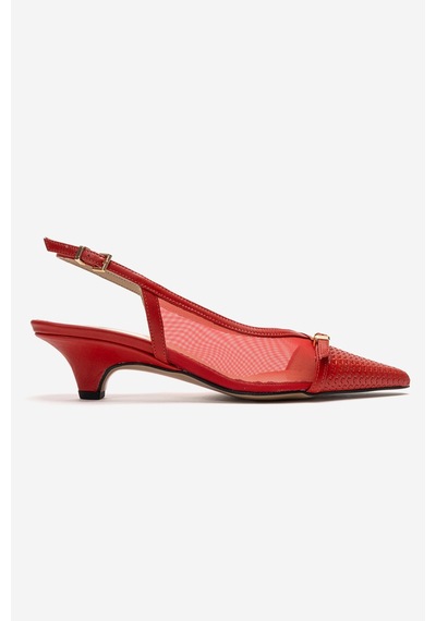 Luvishoes Lavıera Kırmızı File Tokalı Hakiki Deri Kadın Kısa Topuklu Ayakkabı