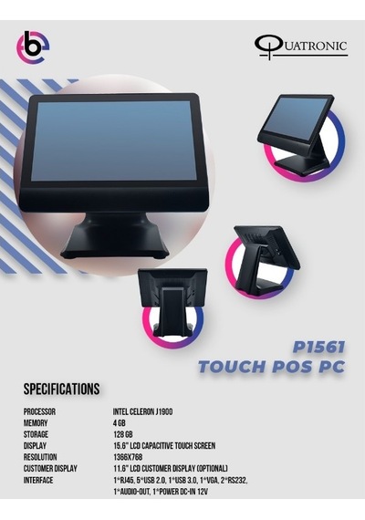 QUATRONIC 15.6" DOKUNMATIK J1900 P1561E-D 4GB RAM-128GB SSD MÜŞTERİ EKRANLI POS PC