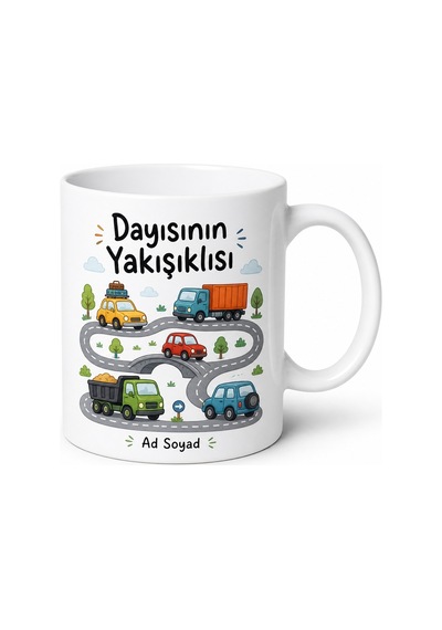 Dayısının Yakışıklısına Arabalar Ve Yollar Çizimli Şirin Kupa Bardak Hediye Beyaz / Çok Renkli