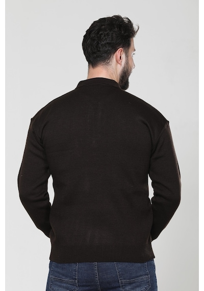 Kzc Tekstil Erkek Baba Orta Yaş Ve Üzeri Triko Örgü Akrilik Kışlık Regular Fit Cepli Fermuarlı Polo Yaka Kazak Kahverengi