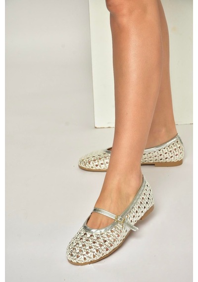Fox Shoes Y267272709 Gümüş Örgü File Görünümlü Kadın Babet Gümüş