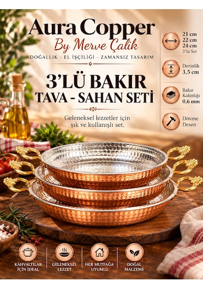 Aura Copper 3'lü Bakır Sahan Tava Seti Dövme Çift Kulplu Yumurta Menemen Tavası 14-15-17 Cm