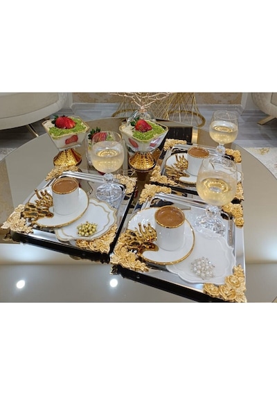 Atabey Home Collection 4'lü Kahve & Çay & Sunum Tepsisi Metal Döküm Gül Model