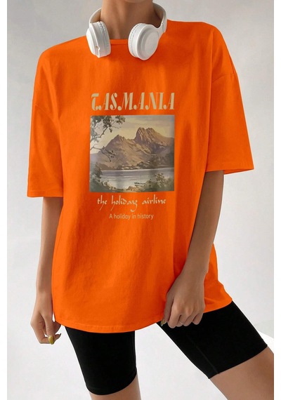 Unisex Tasmania Baskılı T-shirt Turuncu