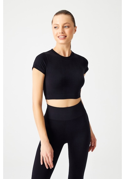 Los Ojos Siyah Seamless Yumuşak Dokulu Spor T-shirt Crop Top Siyah Siyah