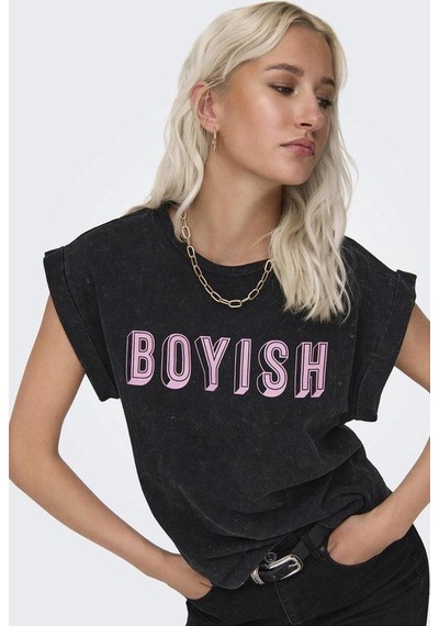 Only Onldahlıa S/s Text Fold-up Top Box Jrs Kadın T-shirt 15316644 Siyah