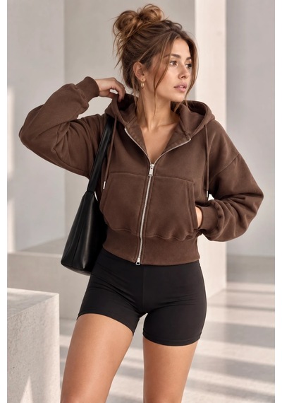 Bb Butik Basic Kapüşonlu Fermuarlı Kısa Kadın Sweatshirt Günlük Basic Model My3535 Kahverengi