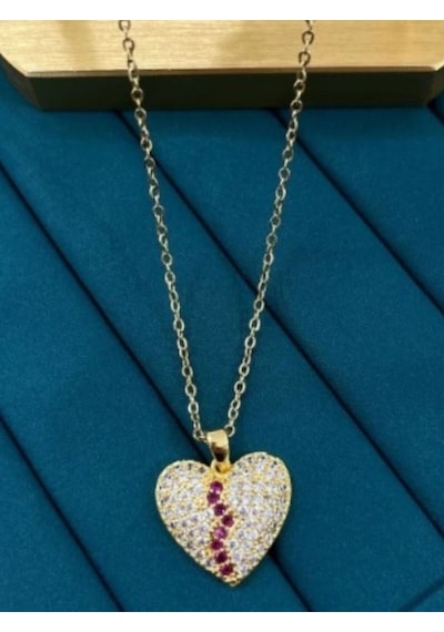 Kristal Taşlı Gold Renk Kalp Çelik Kolye Gold