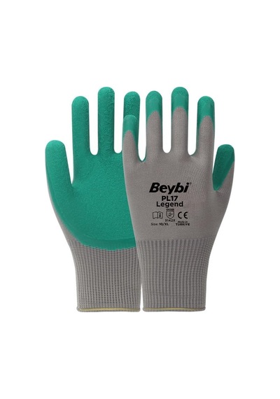 Beybi Pl-17 10 Beden Gri-yeşil 12li Paket Legend Polyester Örme Lateks Eldiven