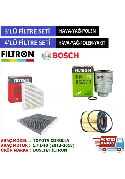 Toyota Corolla Uyumlu 1.4 D4D Filtre Bakım Seti (2013-2018)